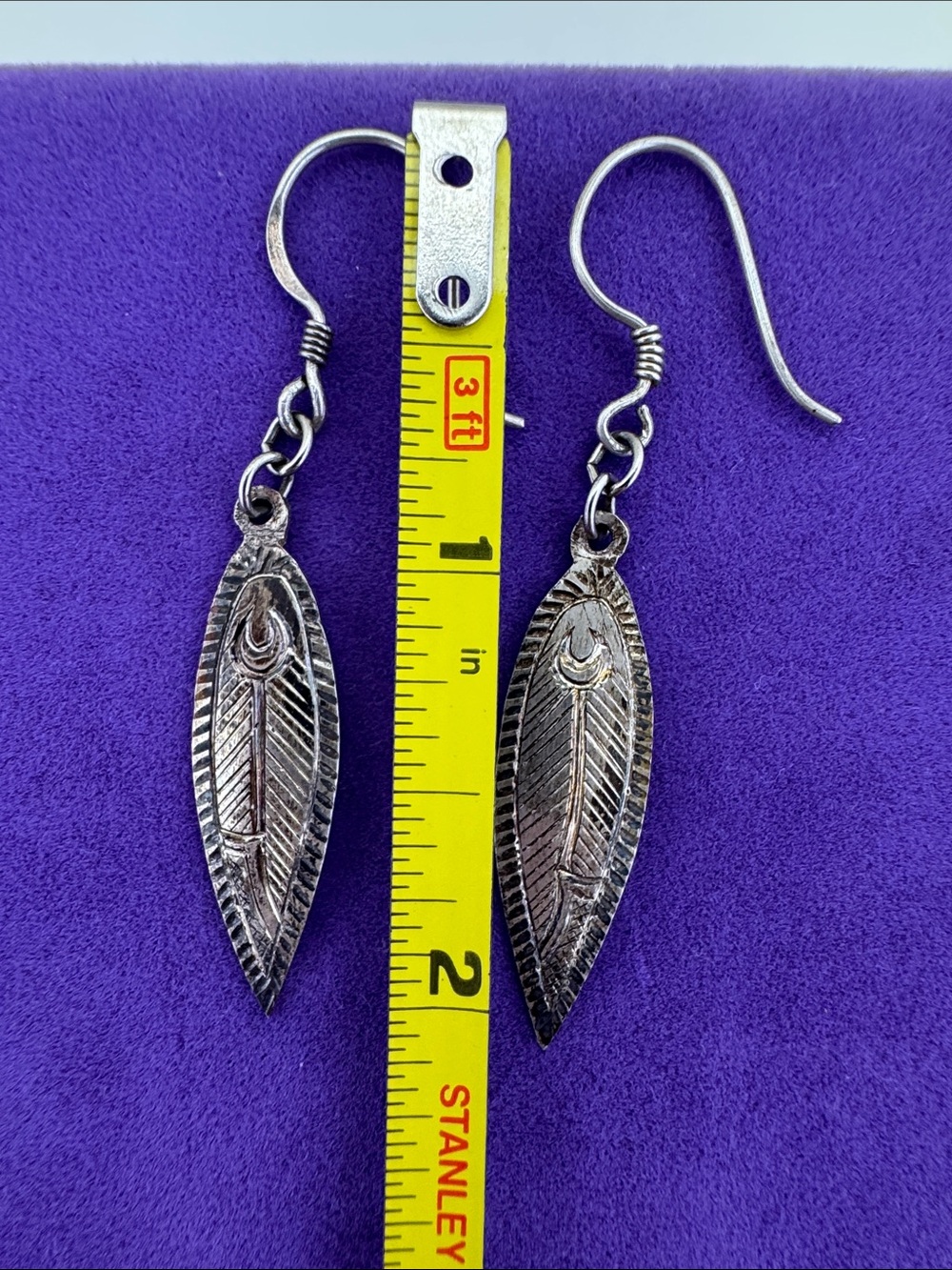 💛 Vintage Sterling Silver Native American Feather Drop Earrings | Mike Platero - Picture 7 of 7
